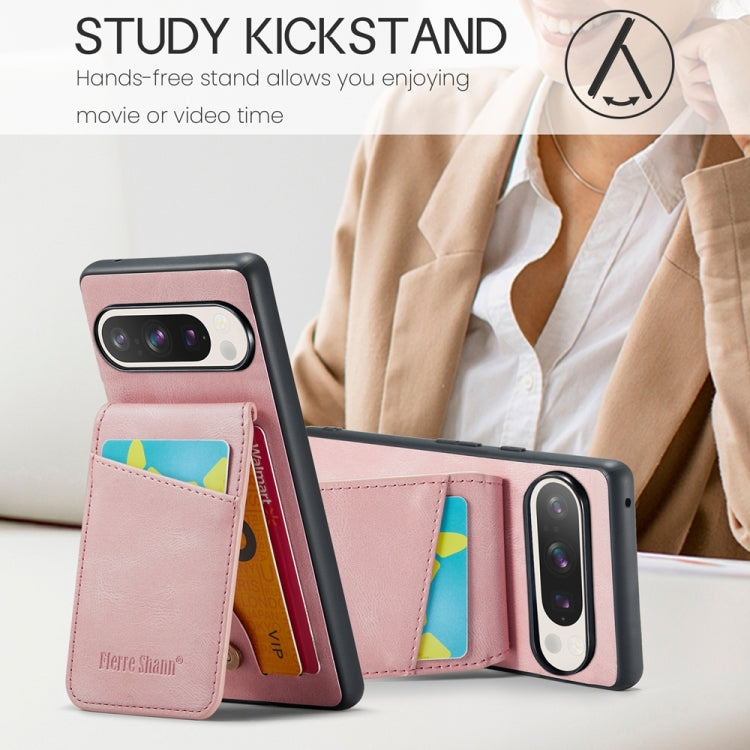 For Google Pixel 9 Pro XL Fierre Shann Crazy Horse Card Holder Back Cover PU Phone Case(Pink)