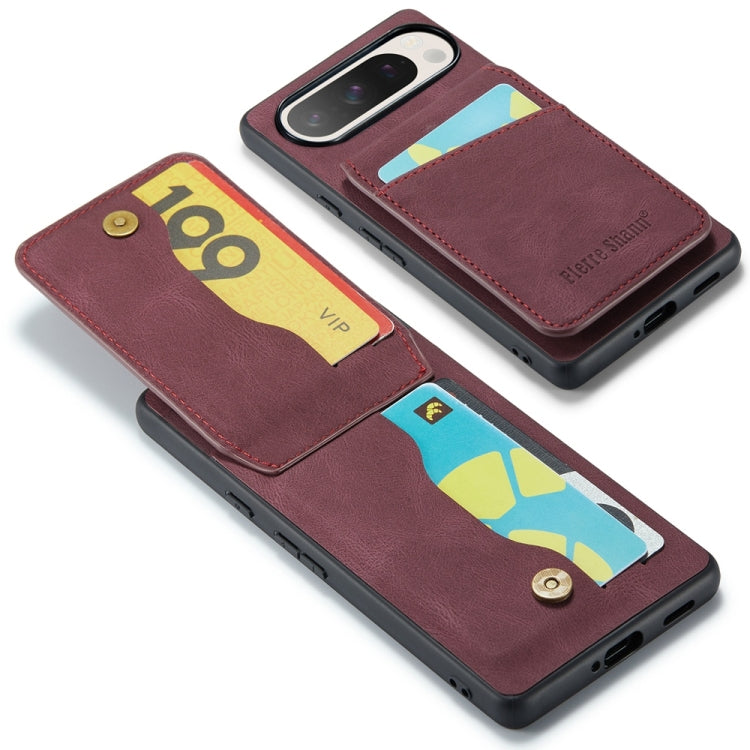 For Google Pixel 9 Pro XL Fierre Shann Crazy Horse Card Holder Back Cover PU Phone Case(Wine Red)