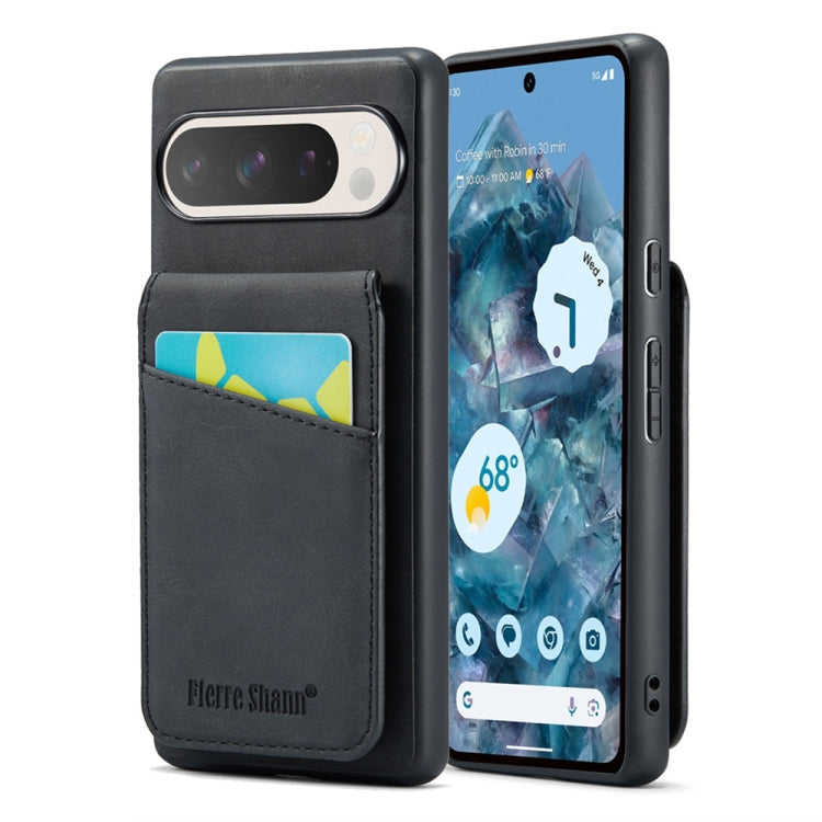 For Google Pixel 9 Pro XL Fierre Shann Crazy Horse Card Holder Back Cover PU Phone Case(Black)