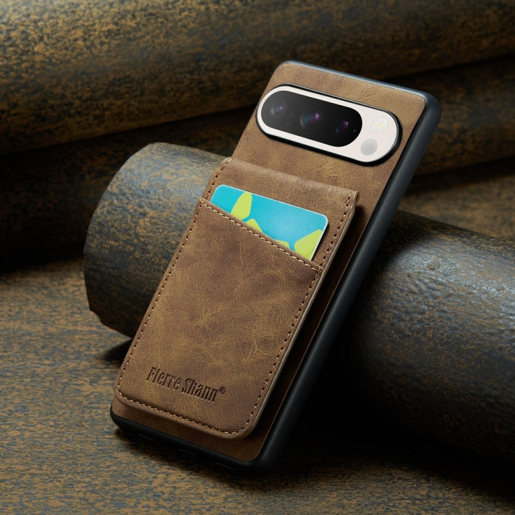 For Google Pixel 9 Pro XL Fierre Shann Crazy Horse Card Holder Back Cover PU Phone Case(Brown)