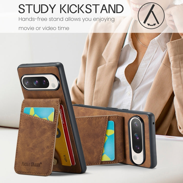 For Google Pixel 9 Pro XL Fierre Shann Crazy Horse Card Holder Back Cover PU Phone Case(Brown)