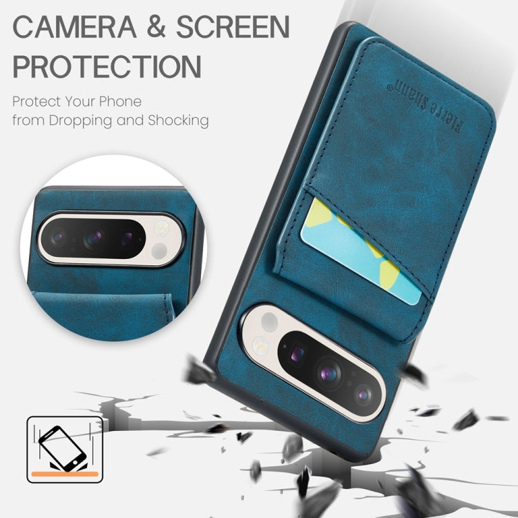 For Google Pixel 9 Pro XL Fierre Shann Crazy Horse Card Holder Back Cover PU Phone Case(Blue)