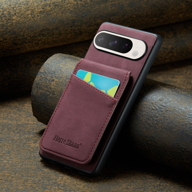 For Google Pixel 9 / 9 Pro Fierre Shann Crazy Horse Card Holder Back Cover PU Phone Case(Wine Red)