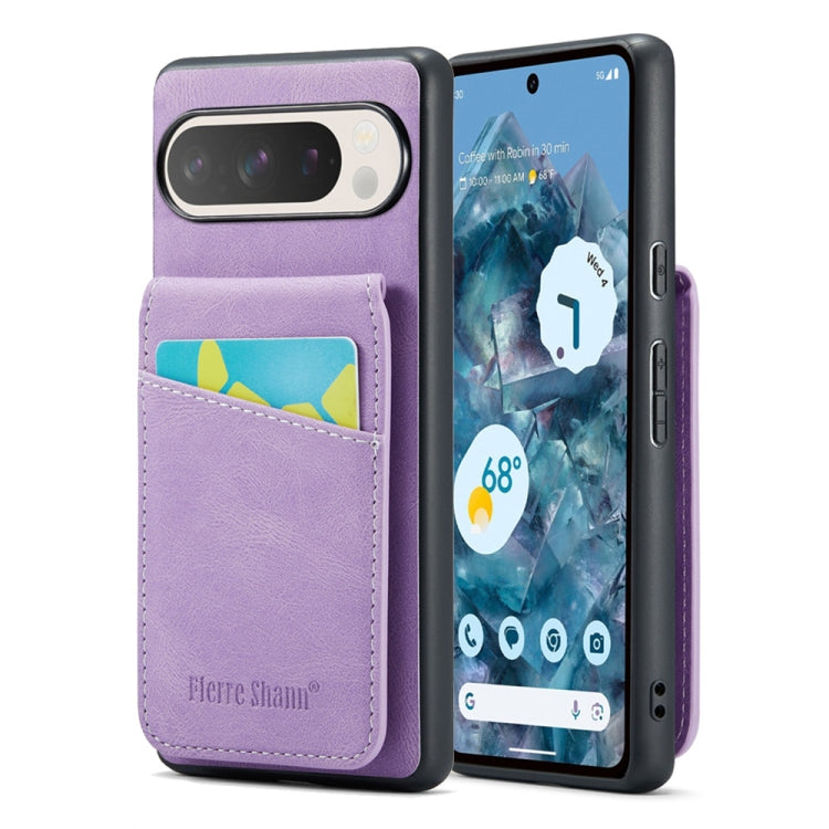 For Google Pixel 9 / 9 Pro Fierre Shann Crazy Horse Card Holder Back Cover PU Phone Case(Purple)