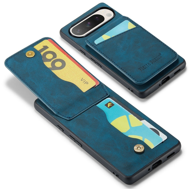 For Google Pixel 9 / 9 Pro Fierre Shann Crazy Horse Card Holder Back Cover PU Phone Case(Blue)