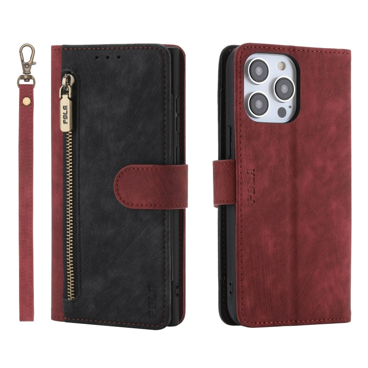 For iPhone 15 Pro Max POLA Dual-color Zipper Wallet RFID Leather Phone Case(Red Black)