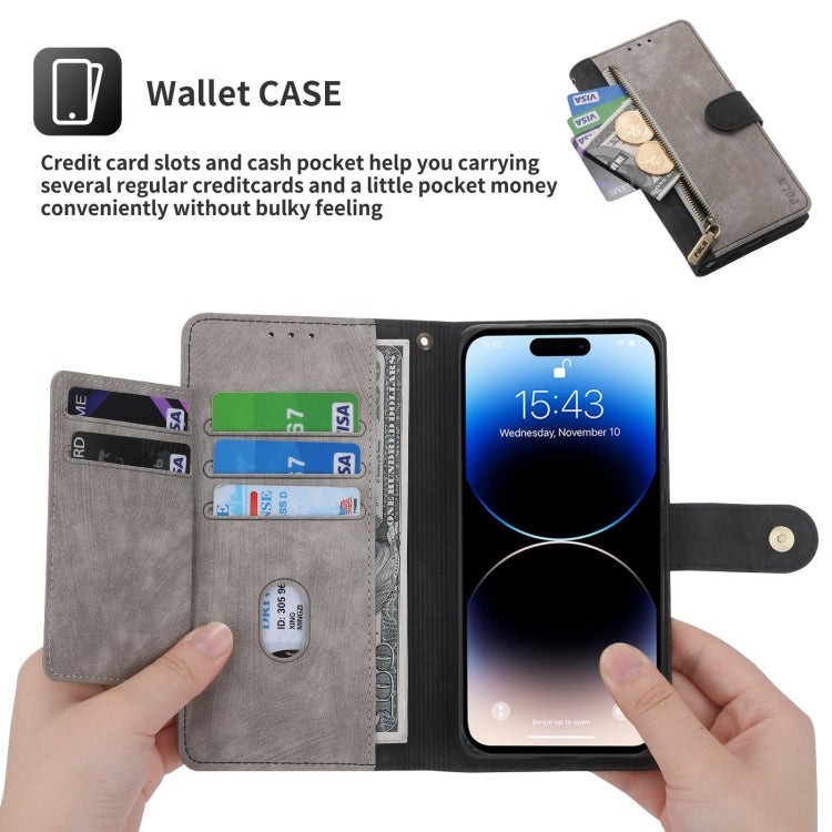 For iPhone 15 Pro POLA Dual-color Zipper Wallet RFID Leather Phone Case(Grey Black)