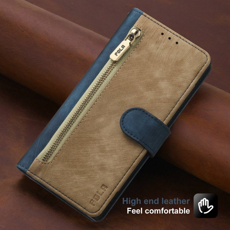 For iPhone 15 Pro POLA Dual-color Zipper Wallet RFID Leather Phone Case(Yellow Blue)