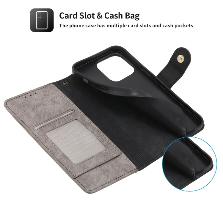 For iPhone 15 Plus POLA Dual-color Zipper Wallet RFID Leather Phone Case(Grey Black)