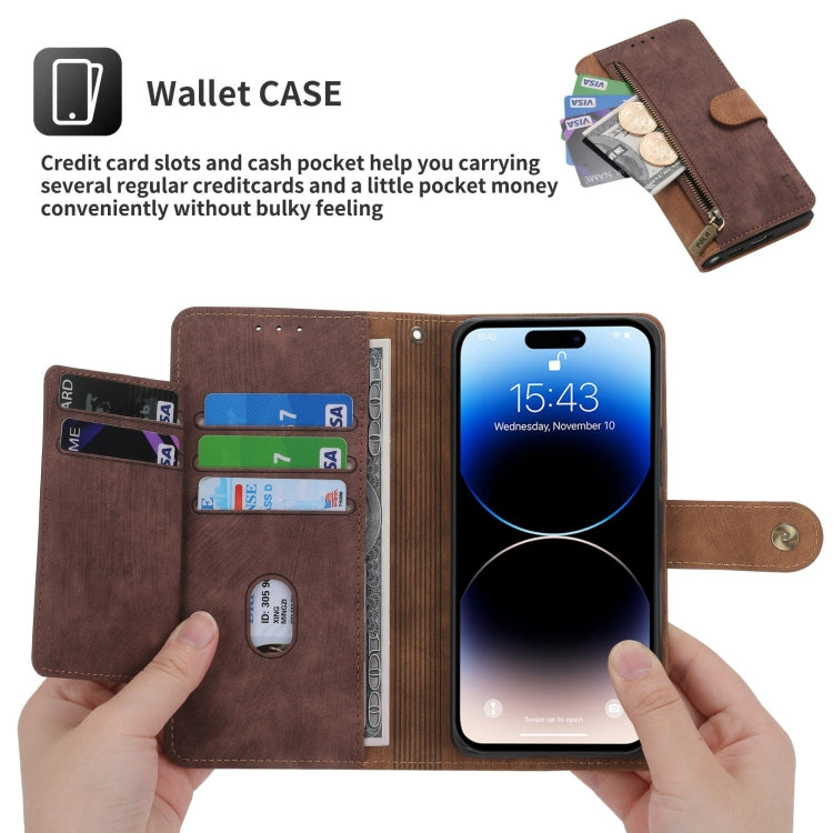 For iPhone 15 Plus POLA Dual-color Zipper Wallet RFID Leather Phone Case(Burgundy Brown)