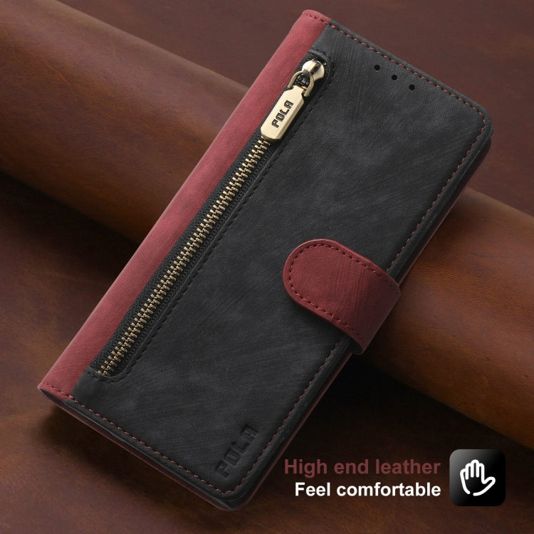 For iPhone 15 POLA Dual-color Zipper Wallet RFID Leather Phone Case(Red Black)