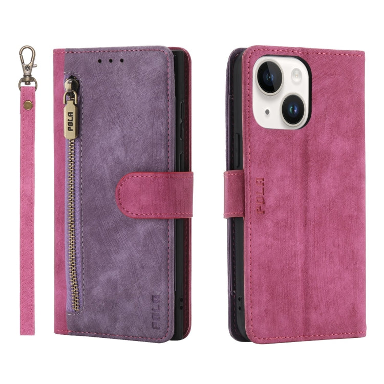For iPhone 15 POLA Dual-color Zipper Wallet RFID Leather Phone Case(Purple Pink)