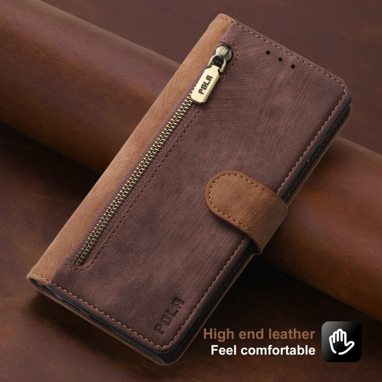 For iPhone 15 POLA Dual-color Zipper Wallet RFID Leather Phone Case(Burgundy Brown)