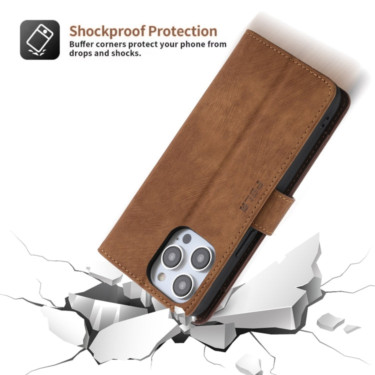 For iPhone 14 POLA Dual-color Zipper Wallet RFID Leather Phone Case(Burgundy Brown)