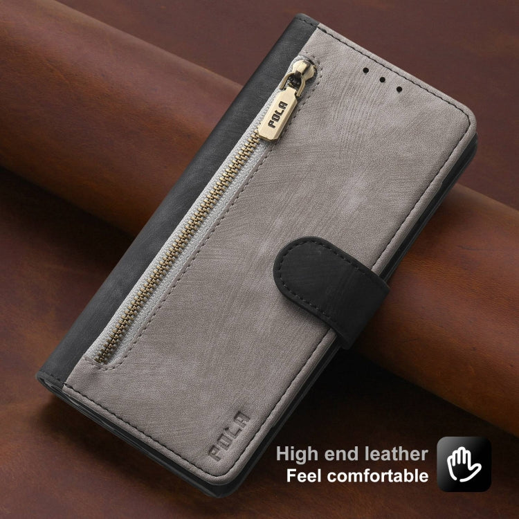 For iPhone 13 Pro Max POLA Dual-color Zipper Wallet RFID Leather Phone Case(Grey Black)