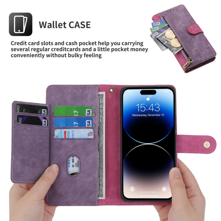 For iPhone 13 POLA Dual-color Zipper Wallet RFID Leather Phone Case(Purple Pink)
