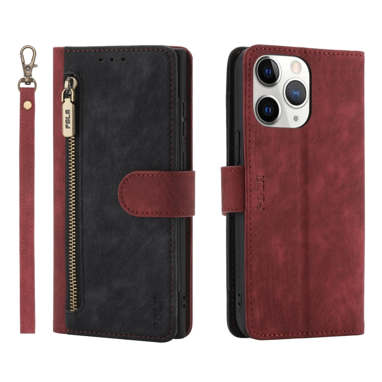 For iPhone 11 Pro POLA Dual-color Zipper Wallet RFID Leather Phone Case(Red Black)