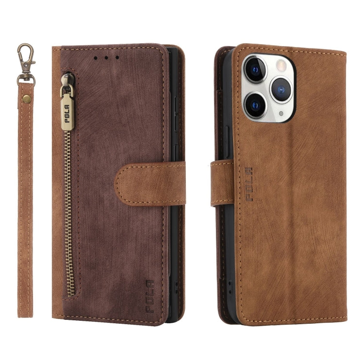 For iPhone 11 Pro POLA Dual-color Zipper Wallet RFID Leather Phone Case(Burgundy Brown)