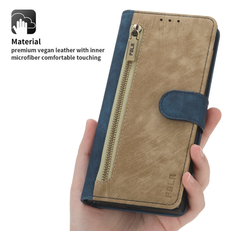For Google Pixel 7 POLA Dual-color Zipper Wallet RFID Leather Phone Case(Yellow Blue)