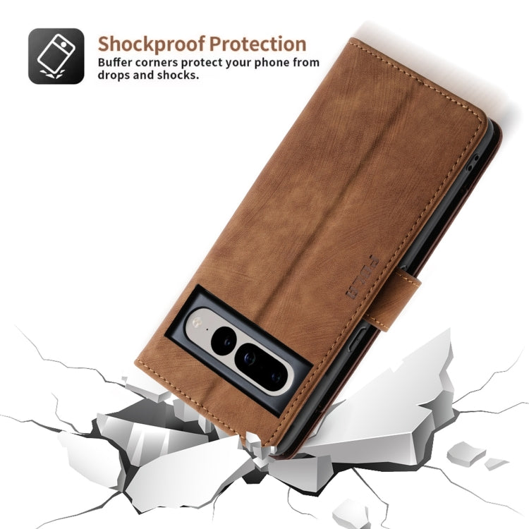 For Google Pixel 7 POLA Dual-color Zipper Wallet RFID Leather Phone Case(Burgundy Brown)