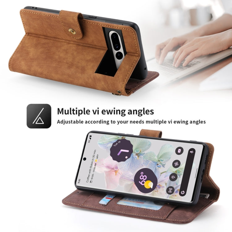 For Google Pixel 7 POLA Dual-color Zipper Wallet RFID Leather Phone Case(Burgundy Brown)