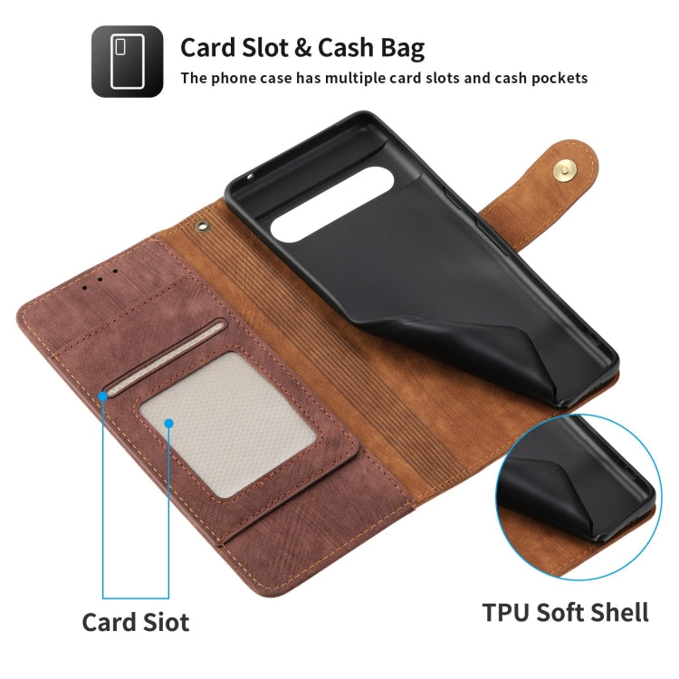 For Google Pixel 7 POLA Dual-color Zipper Wallet RFID Leather Phone Case(Burgundy Brown)