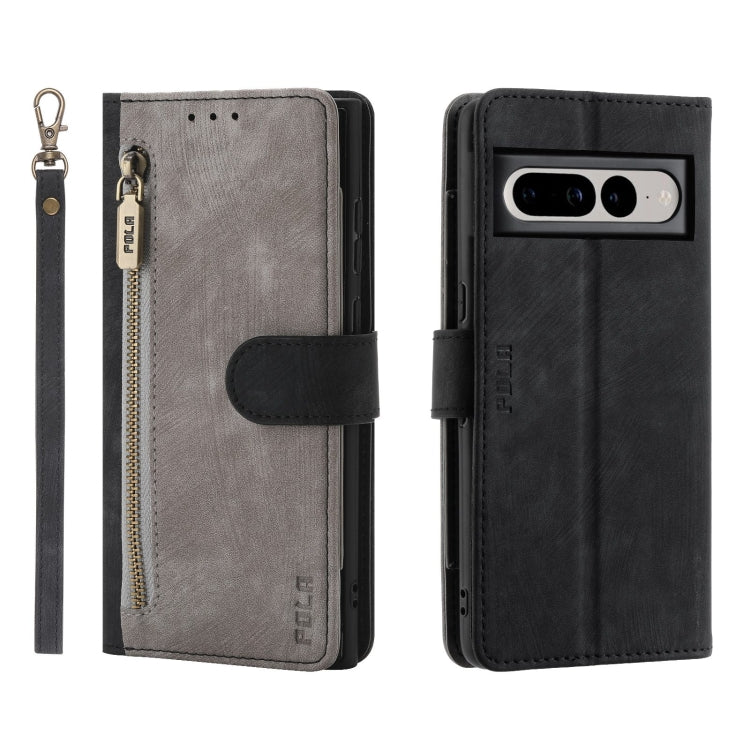 For Google Pixel 7 Pro POLA Dual-color Zipper Wallet RFID Leather Phone Case(Grey Black)