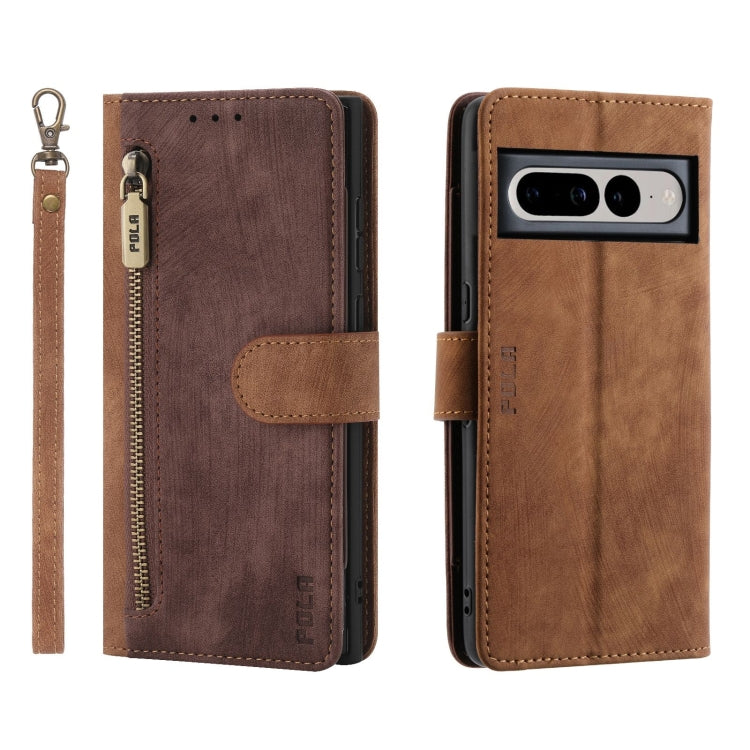 For Google Pixel 7 Pro POLA Dual-color Zipper Wallet RFID Leather Phone Case(Burgundy Brown)