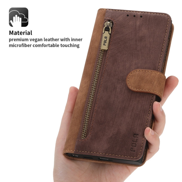 For Google Pixel 7 Pro POLA Dual-color Zipper Wallet RFID Leather Phone Case(Burgundy Brown)