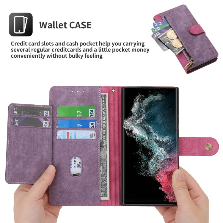 For Samsung Galaxy S22 Ultra 5G POLA Dual-color Zipper Wallet RFID Leather Phone Case(Purple Pink)