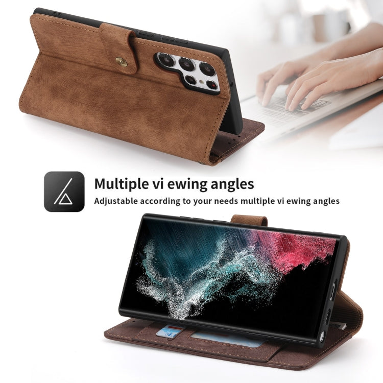 For Samsung Galaxy S22 Ultra 5G POLA Dual-color Zipper Wallet RFID Leather Phone Case(Burgundy Brown)