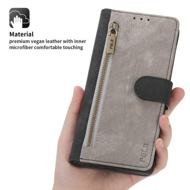 For Samsung Galaxy A53 POLA Dual-color Zipper Wallet RFID Leather Phone Case(Grey Black)