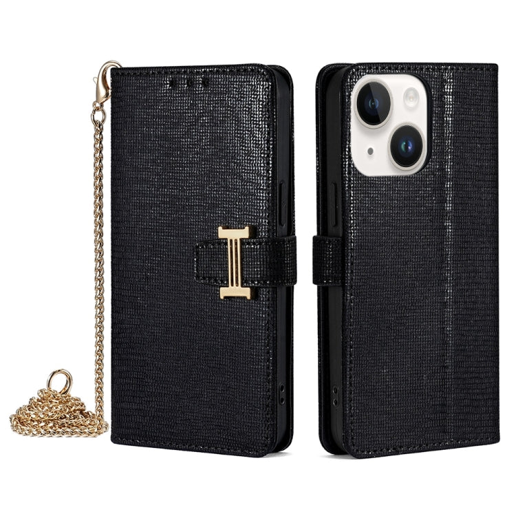 For iPhone 15 Plus POLA Crossbody Chain I-Shape Buckle Sequins Leather Phone Case(Black)