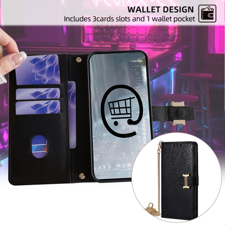 For iPhone 15 Plus POLA Crossbody Chain I-Shape Buckle Sequins Leather Phone Case(Black)