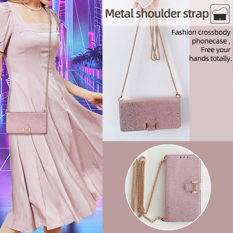 For iPhone 14 Plus POLA Crossbody Chain I-Shape Buckle Sequins Leather Phone Case(Rose Gold)