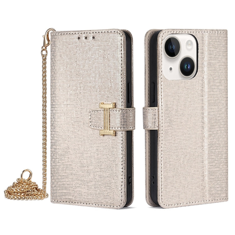 For iPhone 14 Plus POLA Crossbody Chain I-Shape Buckle Sequins Leather Phone Case(White)