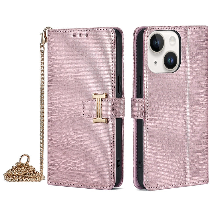 For iPhone 14 POLA Crossbody Chain I-Shape Buckle Sequins Leather Phone Case(Rose Gold)