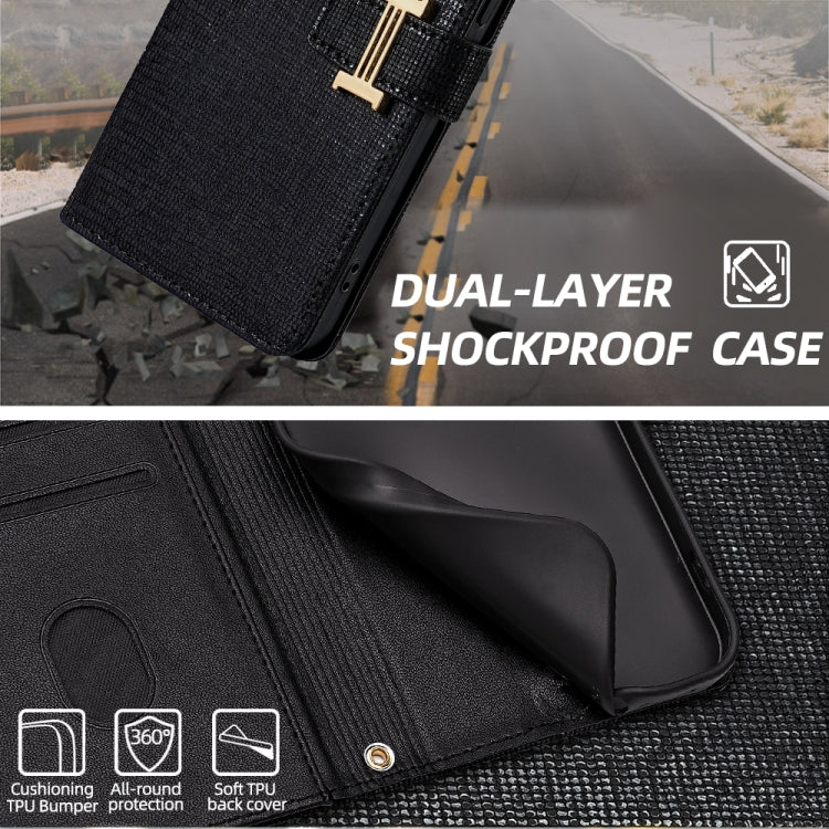 For iPhone 14 POLA Crossbody Chain I-Shape Buckle Sequins Leather Phone Case(Black)