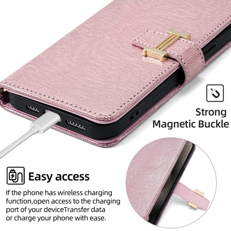 For iPhone 14 Pro POLA Crossbody Chain I-Shape Buckle Sequins Leather Phone Case(Rose Gold)