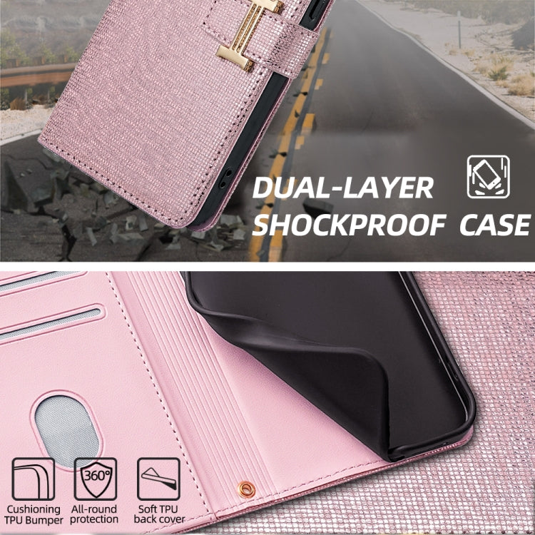 For iPhone 14 Pro Max POLA Crossbody Chain I-Shape Buckle Sequins Leather Phone Case(Rose Gold)