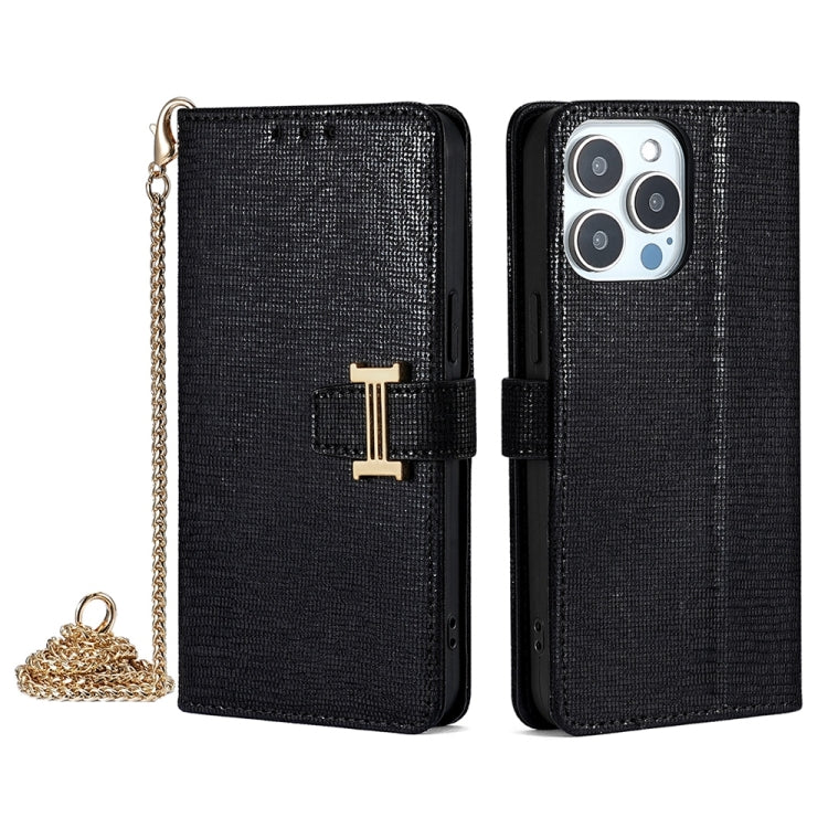 For iPhone 13 Pro Max POLA Crossbody Chain I-Shape Buckle Sequins Leather Phone Case(Black)