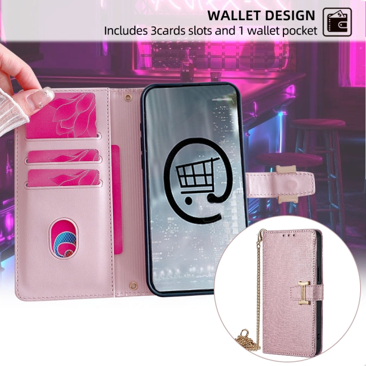 For iPhone 13 POLA Crossbody Chain I-Shape Buckle Sequins Leather Phone Case(Rose Gold)