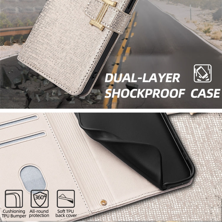 For iPhone 13 POLA Crossbody Chain I-Shape Buckle Sequins Leather Phone Case(White)