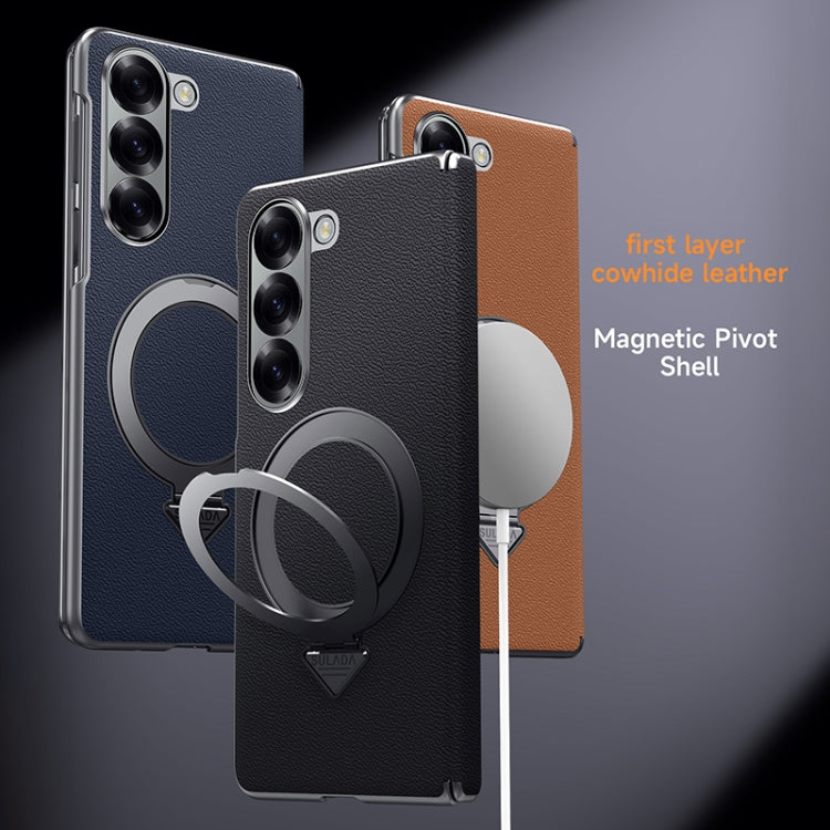 For Samsung Galaxy Z Fold 6 SULADA Top Grain Leather MagSafe Magnetic Holder Phone Case(Black)