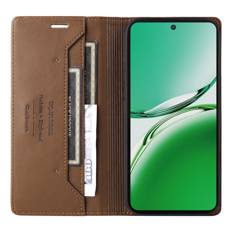 For OPPO Reno12 F 5G GQUTROBE G01 RFID Anti-theft Leather Phone Case(Brown)