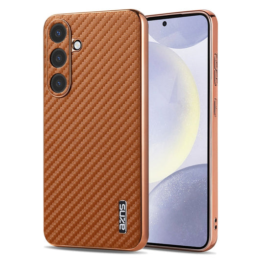 For Samsung Galaxy S25 5G AZNS Electroplated Edge Carbon Fiber Texture Phone Case(Brown)
