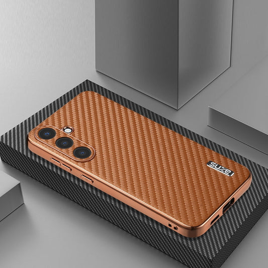 For Samsung Galaxy S25 5G AZNS Electroplated Edge Carbon Fiber Texture Phone Case(Brown)