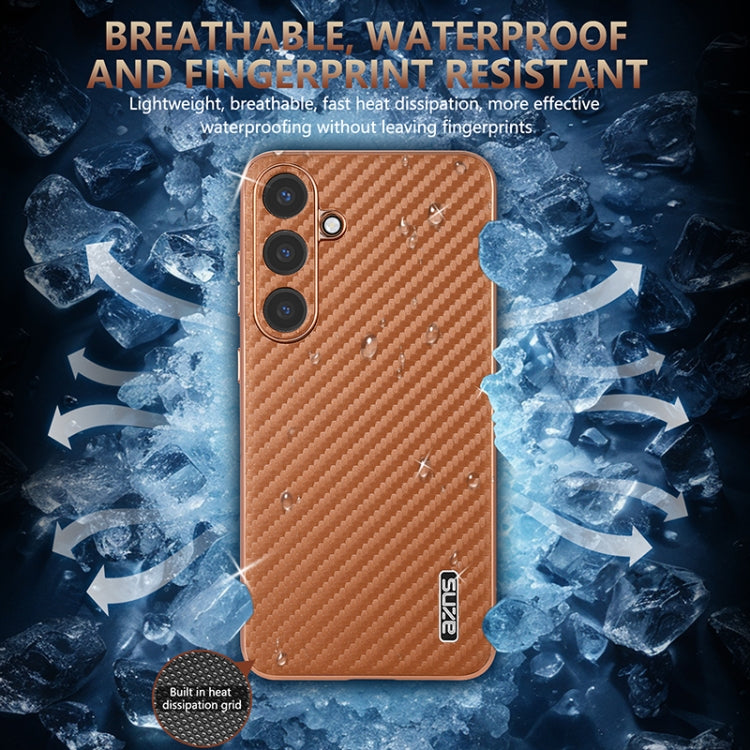 For Samsung Galaxy S25 5G AZNS Electroplated Edge Carbon Fiber Texture Phone Case(Brown)