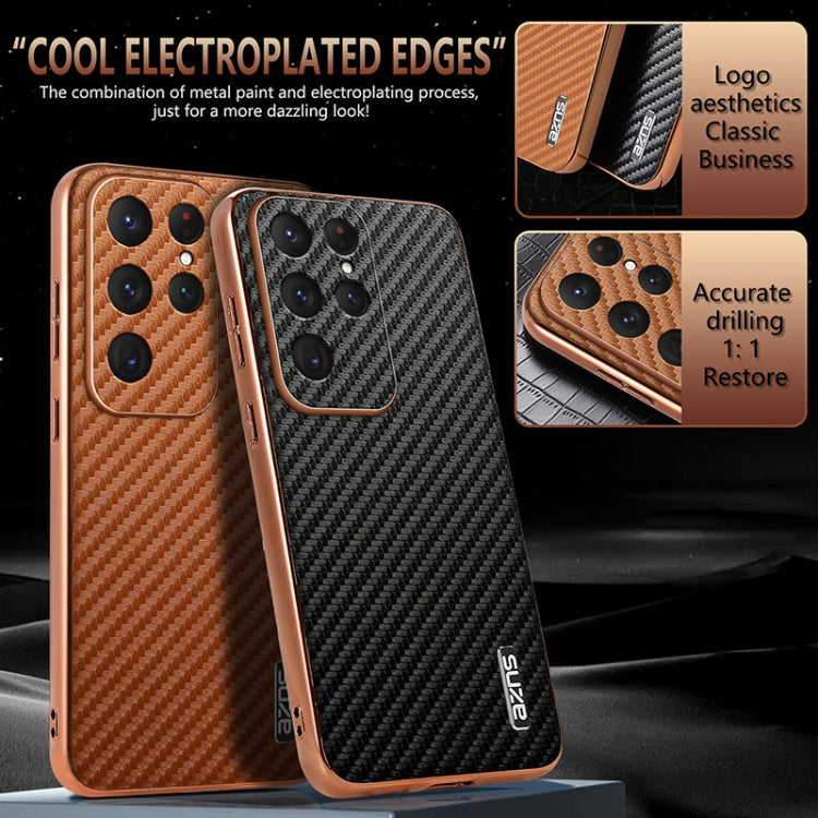 For Samsung Galaxy S25 Ultra 5G AZNS Electroplated Edge Carbon Fiber Texture Phone Case(Black)