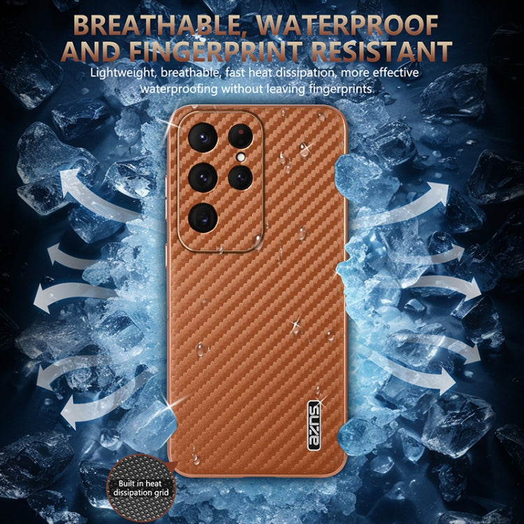 For Samsung Galaxy S25 Ultra 5G AZNS Electroplated Edge Carbon Fiber Texture Phone Case(Brown)